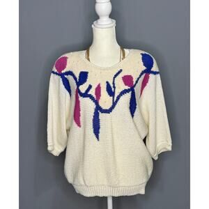 Vintage 80s Organically Grown 1/4 Sleeve Floral Sweater With Shoulder Pads.